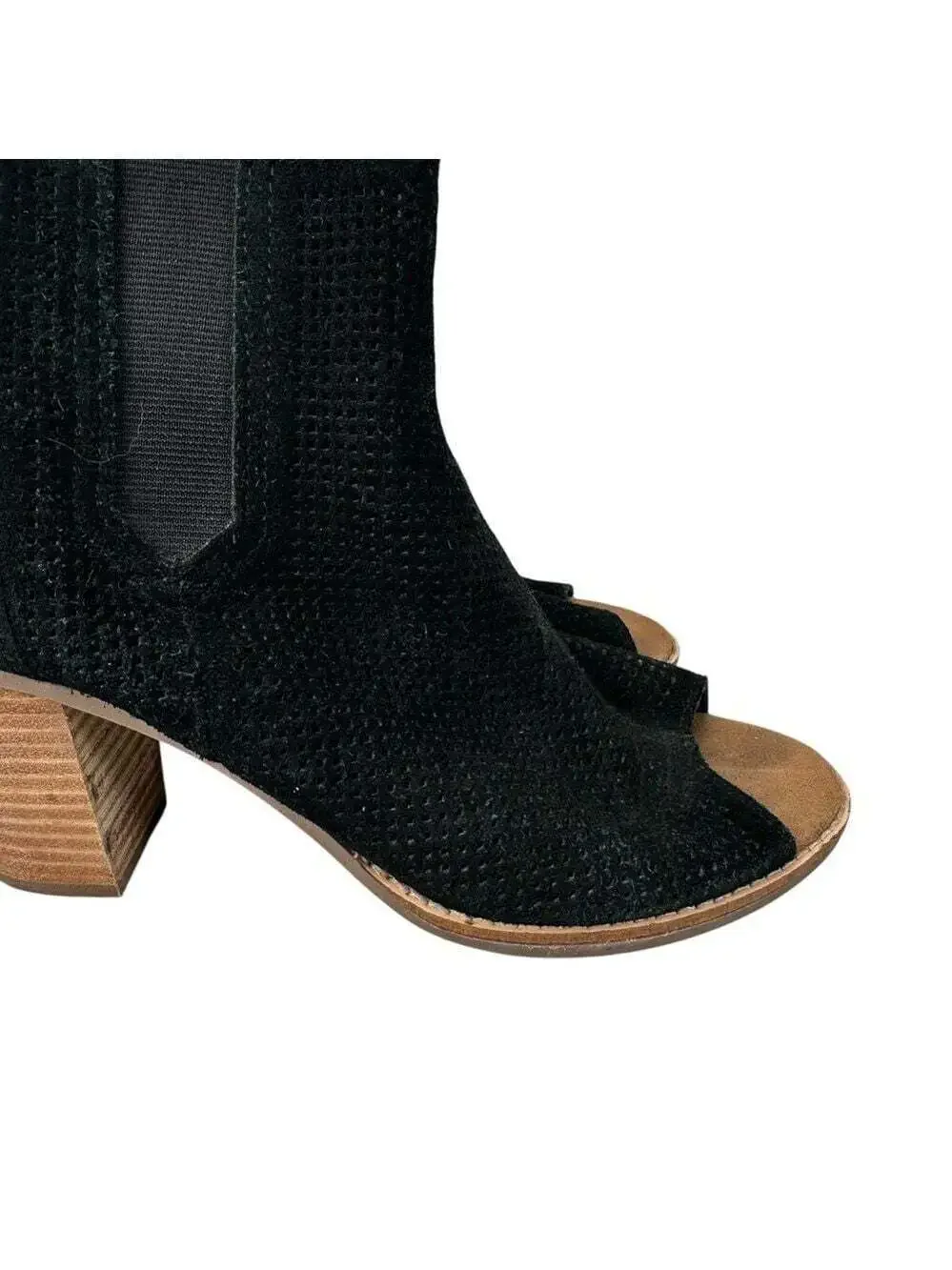 TOMS Majorca Black Suede Perforated Open Toe Booties Womens 7.5 Heels